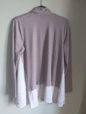 Light Mauve Layered Long-Sleeve Cardigan with White Dotted Chiffon Hem